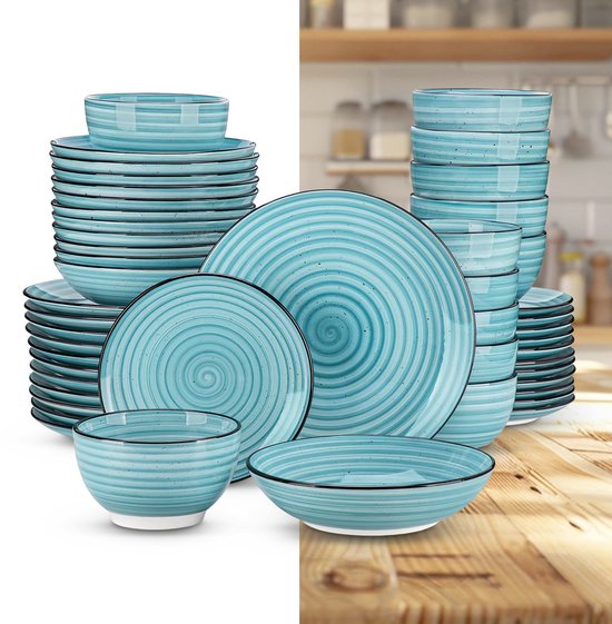 Service de table de Luxe – 48 pièces – 12 personnes – Céramique – Service d’assiettes – Assiettes plates – Assiettes à dessert – Assiette à pâtes – Bols – Blauw