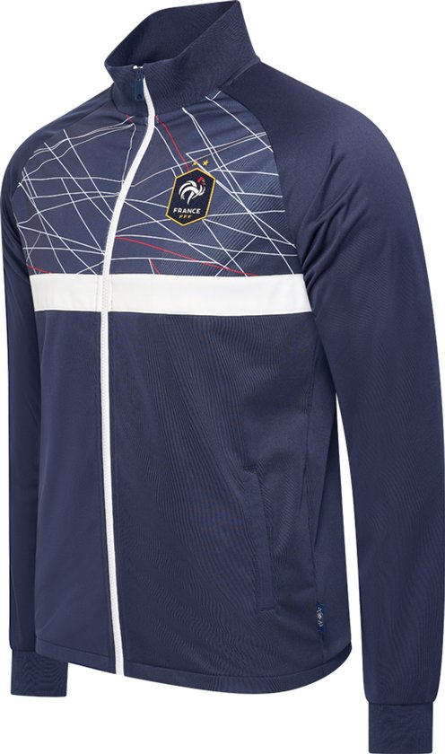 Donkerblauwe trainingsjas met een wit met geometrisch patroon op de borst en een FFF-logo.