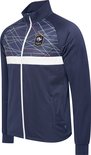 Donkerblauwe trainingsjas met een wit met geometrisch patroon op de borst en een FFF-logo.