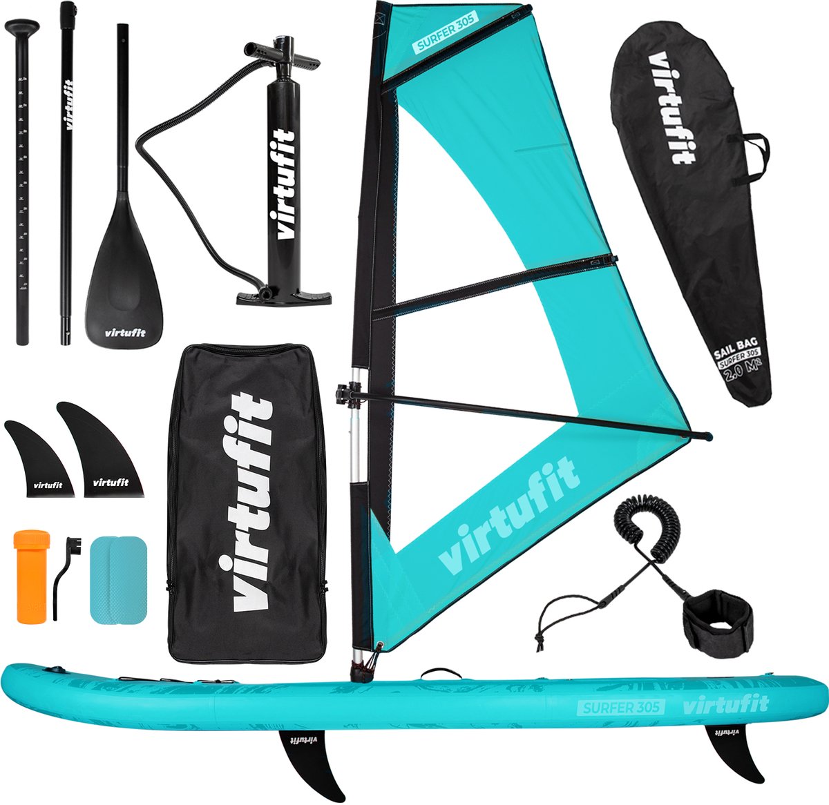 Virtufit Supboard Surfer 305 - Turquoise - Stand Up Paddle Board - Opblaasbaar - Inclusief windzeil draagtas en accessoires - Voor beginners en gevorderden - Met GoPro mount - Verstelbare peddel - Max. 180 kg