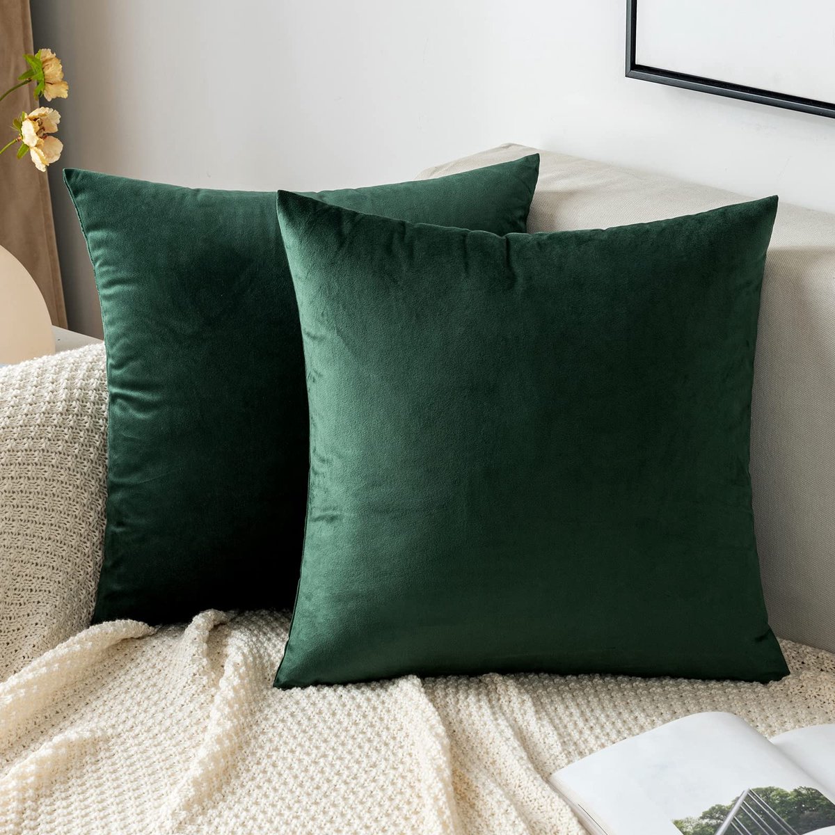 Unyqoos Set van 2 fluwelen decoratieve kussenslopen voor bank en slaapkamer donkergroen