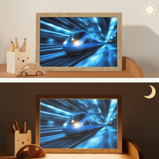 Nachtlampje 30x20 cm - Kinder lamp - Trein - Blauw - Neon - Tafellamp kinderkamer - Slaapkamer lamp - Bedlamp kinderen - Kinderlampje stopcontact - Wandlamp babykamer - Nachtlampjes van Merkloos — afbeelding 4