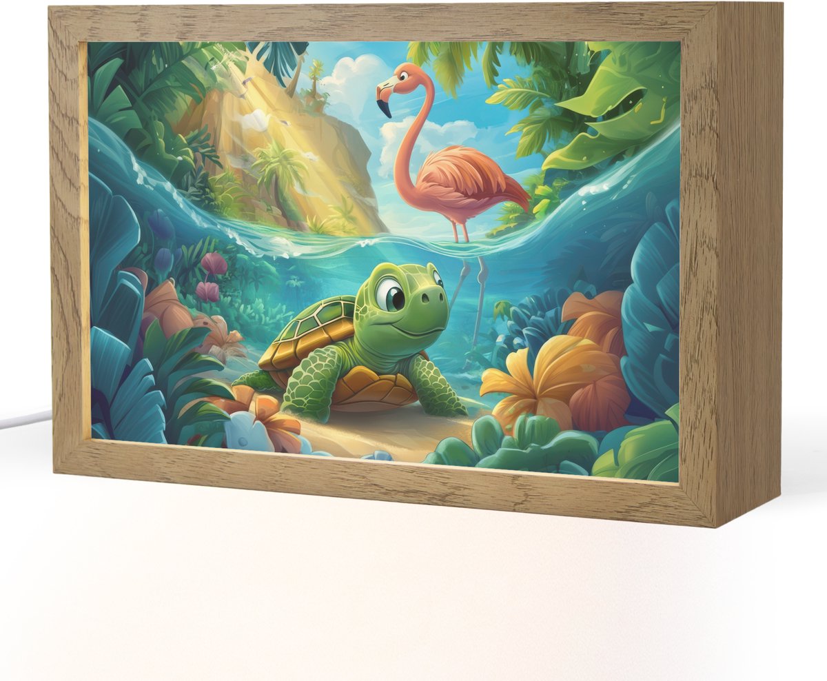 Nachtlampje 30x20 cm - Kinder lampje - Schildpad - Flamingo - Tropisch - Oceaan - Tafellamp kinderkamer - Slaapkamer lamp - Bedlamp kinderen - Kinderlampje stopcontact - Wandlamp babykamer - Nachtlampjes