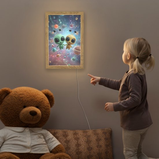 Nachtlampje 20x30 cm - Kinder lampje - Aliens - Ruimte - Planeten - Tafellamp kinderkamer - Slaapkamer lamp - Bedlamp kinderen - Kinderlampje stopcontact - Wandlamp babykamer - Nachtlampjes van Merkloos — afbeelding 5