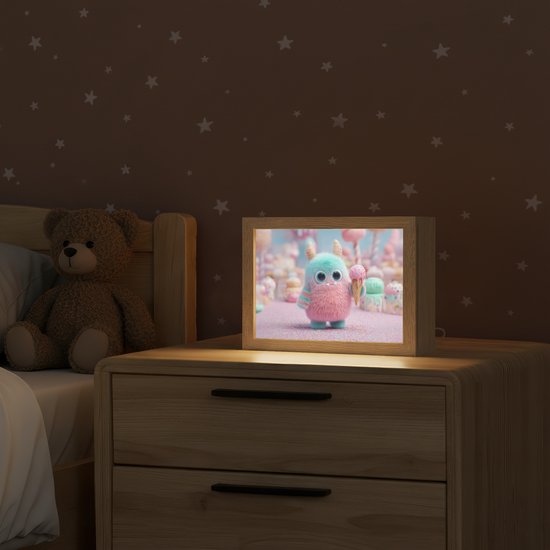 Nachtlampje 20x15 cm - Kinder lampje - Monster - Pastel - Roze - Snoep - Tafellamp kinderkamer - Slaapkamer lamp - Bedlamp kinderen - Kinderlampje stopcontact - Wandlamp babykamer - Nachtlampjes van OnlyWow — afbeelding 2