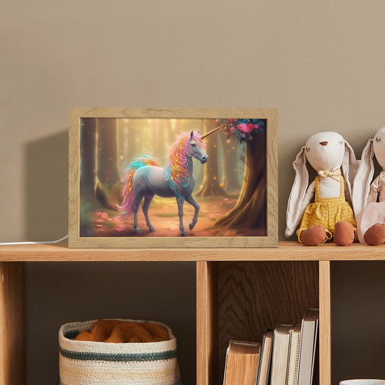 Nachtlampje 30x20 cm - Kinder lampje - Eenhoorn - Bos - Kleurrijk - Bloemen - Meiden - Tafellamp kinderkamer - Slaapkamer lamp - Bedlamp kinderen - Kinderlampje stopcontact - Wandlamp babykamer - Nachtlampjes van Merkloos — afbeelding 3