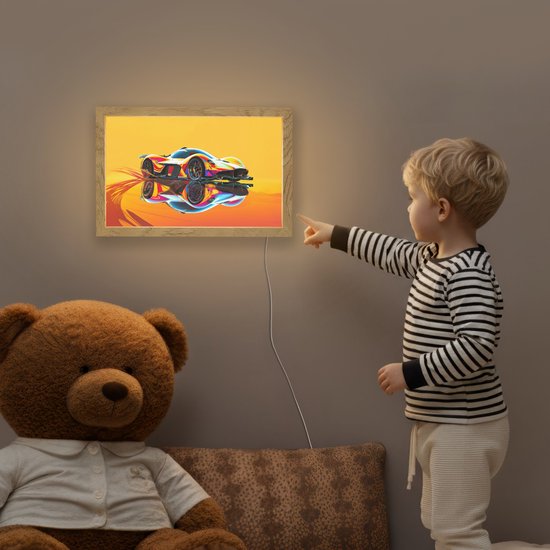 Nachtlampje 30x20 cm - Kinder lampje - Auto - Race - F1 - Jongens - Geel - Rood - Tafellamp kinderkamer - Slaapkamer lamp - Bedlamp kinderen - Kinderlampje stopcontact - Wandlamp babykamer - Nachtlampjes van Merkloos — afbeelding 5