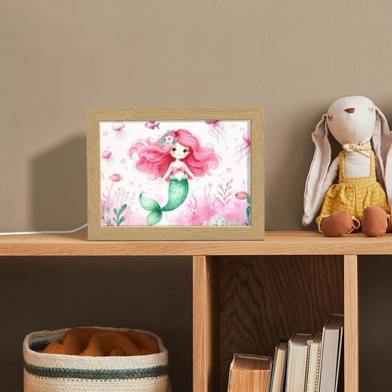 Nachtlampje 20x15 cm - Kinder lampje - Zeemeermin - Roze - Zeedieren - Onderwater - Tafellamp kinderkamer - Slaapkamer lamp - Bedlamp kinderen - Kinderlampje stopcontact - Wandlamp babykamer - Nachtlampjes van OnlyWow — afbeelding 3