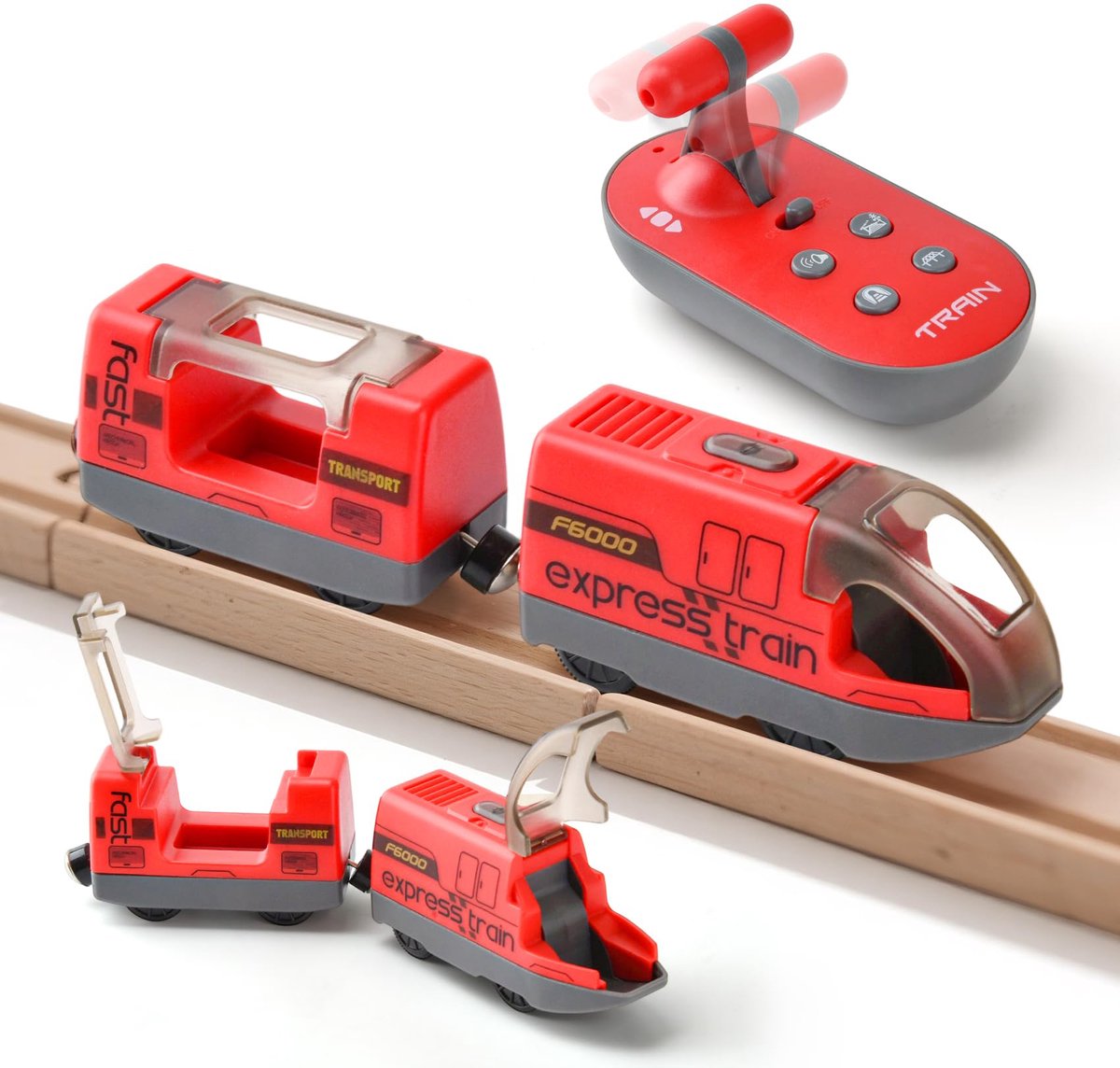 Elektrische trein voor houten rails - Gemotoriseerde trein op afstand bestuurbaar - met 4 geluids- en lichteffecten voor kinderen van 3, 4, 5 en 6 jaar (rood)