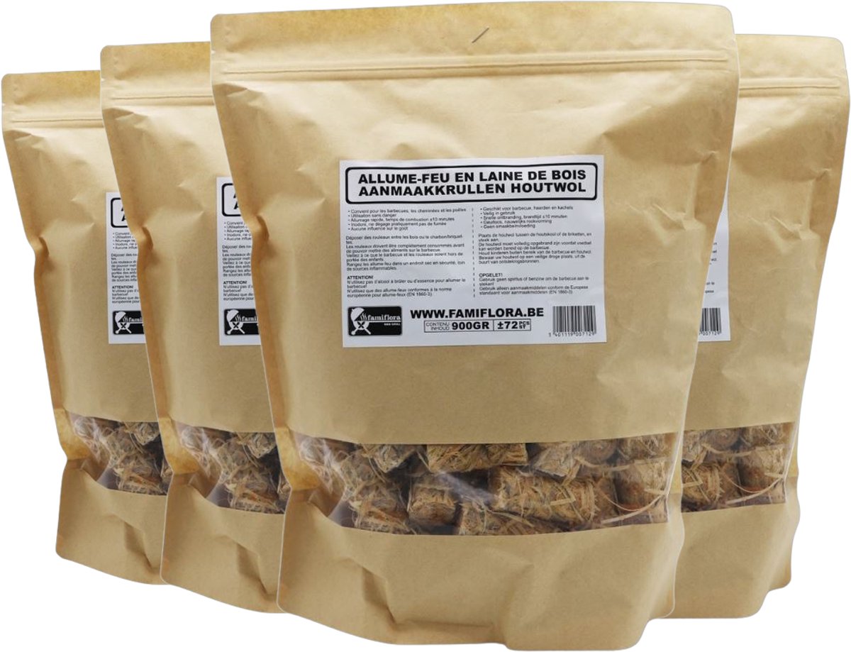 4x Famiflora Houtwol Aanmaakkrullen - 900g (ca. 72 stuks) - Natuurlijke Aanmaakbriketten - Lange Brandduur - Veilig voor Haard & BBQ - Maakt vuur aansteken eenvoudig en snel zonder rook of geur