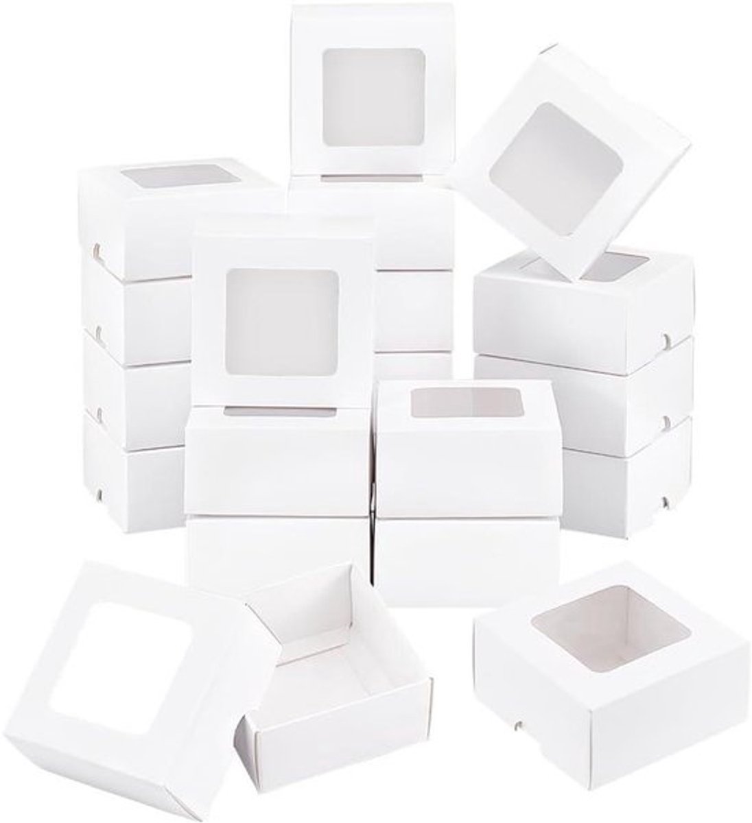 20 Stuks Witte Kraftpapier Doos Met Helder Venster - 8x8x4cm - Vierkante Kraftpapier Geschenkdoos Voor Bruiloft en Feest - Sieraden Verpakking