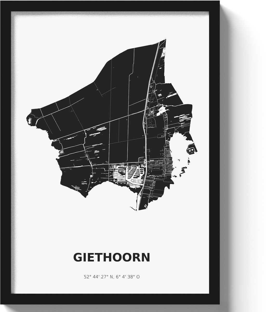 Poster Giethoorn A2 - 42 x 59,4 cm - Zwart/Wit Inclusief lijst (Zwart MDF)