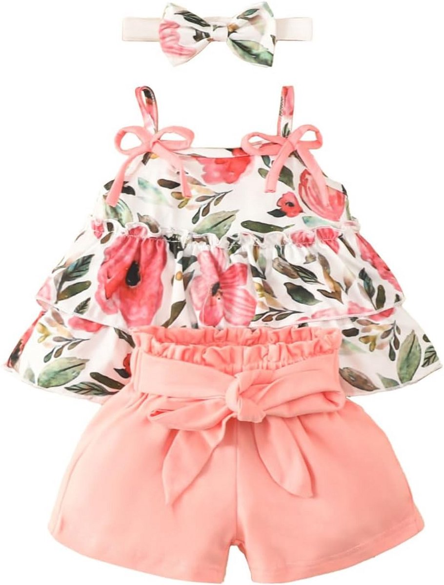 Babymeisjes Kleding Set Zomer Roze: Top, Strik Shorts & Hoofdband 3-24 Maanden