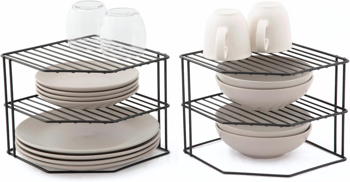 Plate Rack with 3 Levels - Set of 2 Kitchen Organisers - Black