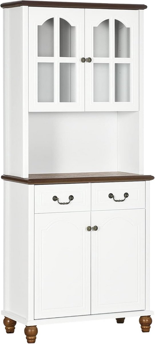 Kookbuffet met 2 lades, Hoge Kast met 4 Deuren en Open Compartment, Wit, 76 x 38 x 182 cm
