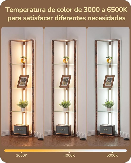 COSTWAY 163 cm vloerlamp met plank, moderne staande lamp met opbergrek met 3-traps dimbare LED-verlichting en draaibare LED-staven, staande lamp met voetschakelaar voor woonkamer, slaapkamer (Zwart