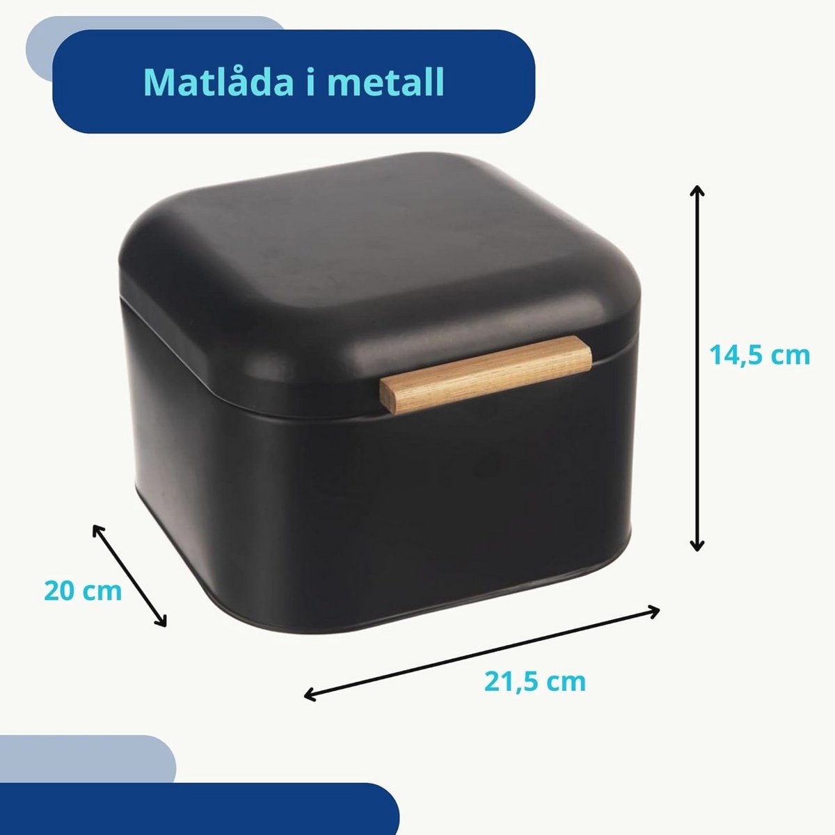 Zwarte metalen broodtrommel met bamboe handvat, 21,5 x 20 x 14,5 cm