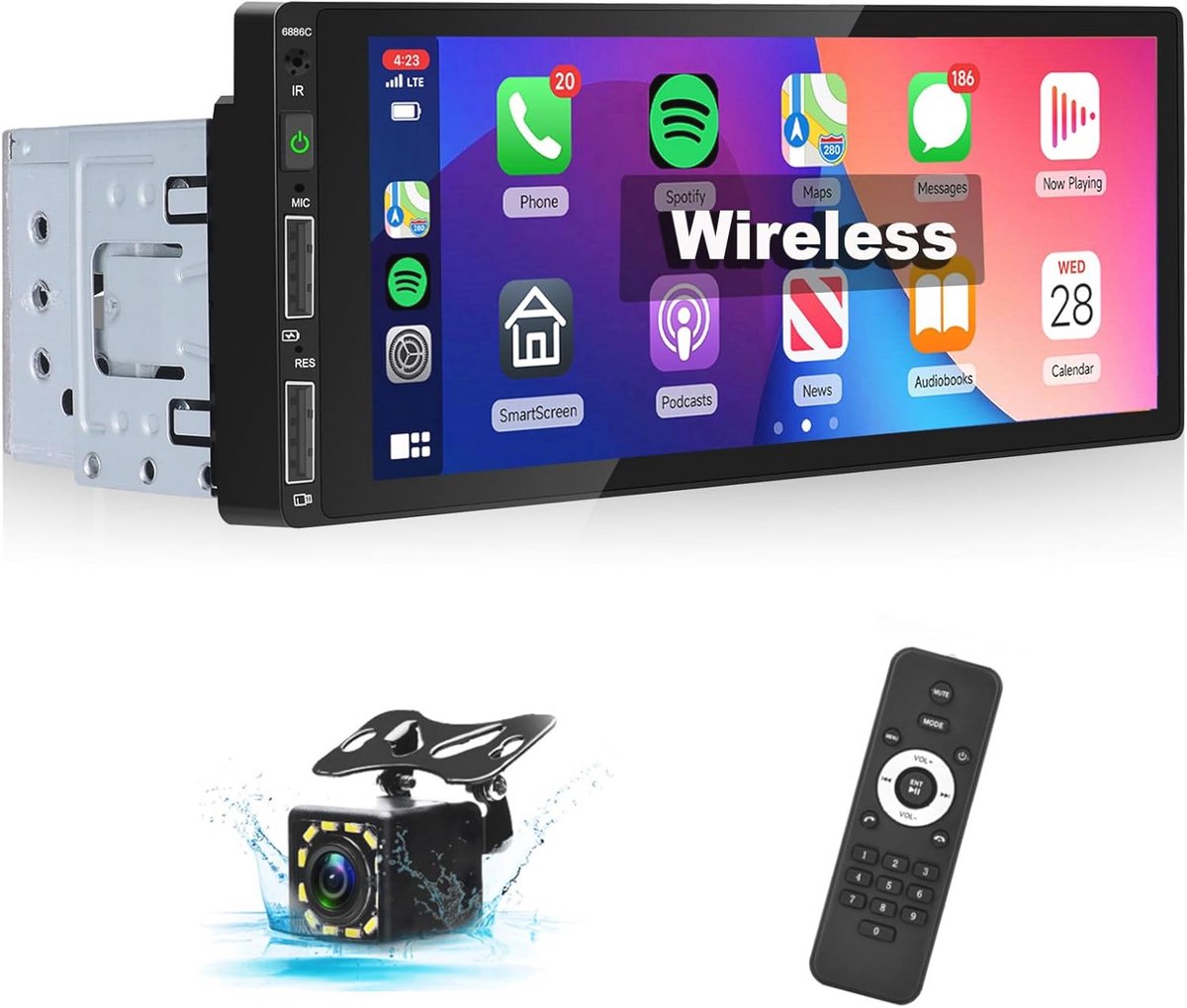 Draadloze Carplay Autoradio 1 Din met 6,86 inch Touchscreen en Achteruitrijcamera