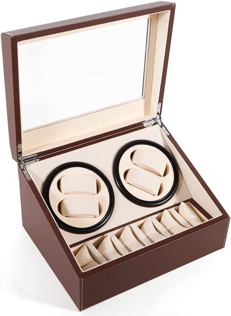 Luxe Horlogedoos Winder voor 4 Automatische Horloges en Opslag voor 6, Bruin PU Leer