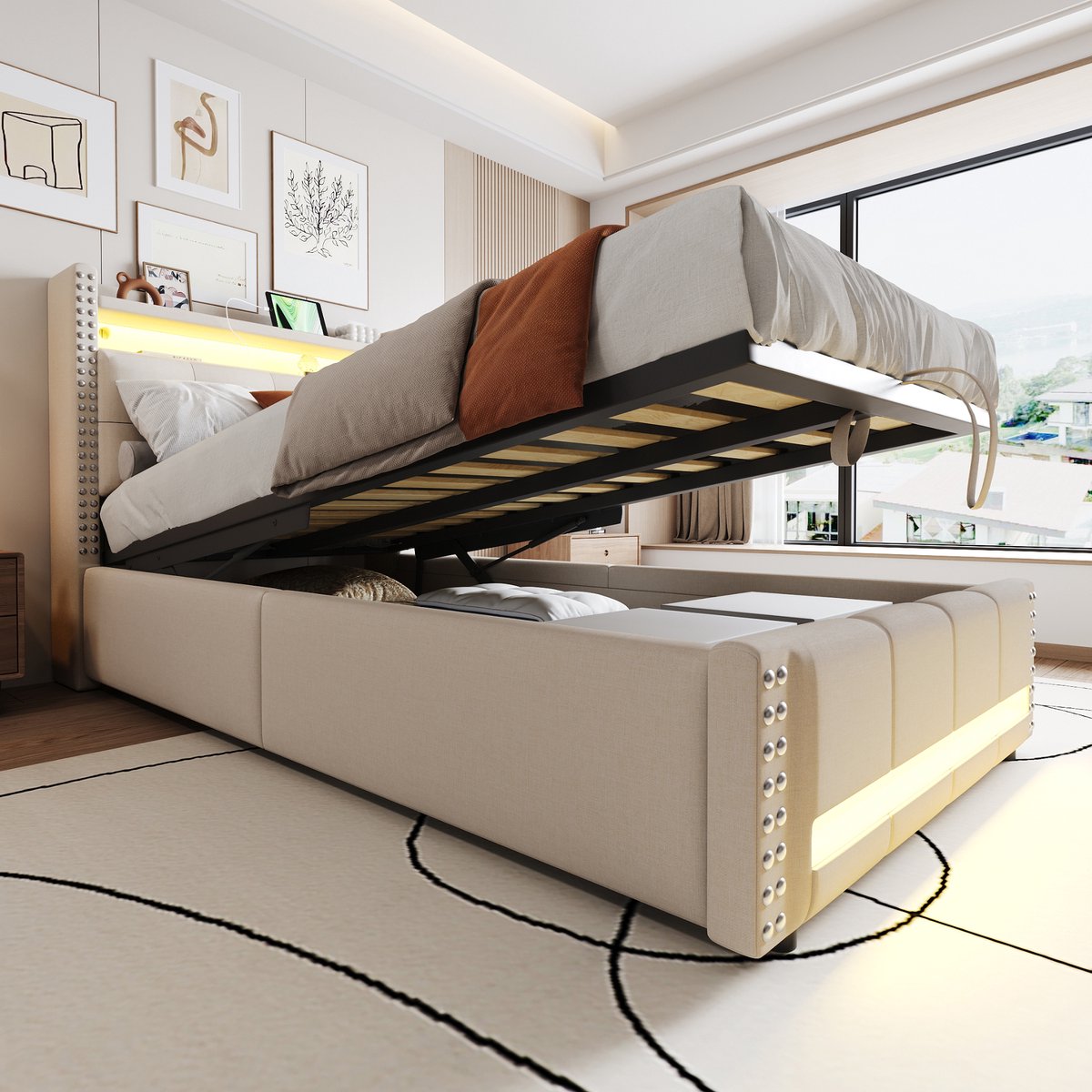 REDOM Ledikant 90x200 cm, gestoffeerd linnen stof, met LED-verlichting, hydraulische opbergruimte en USB-poort