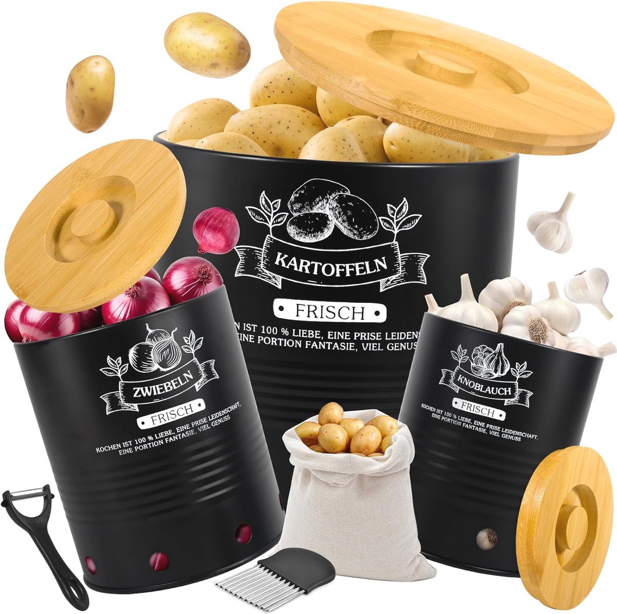 Aardappel- en uiopbergdozen met deksel en accessoires
