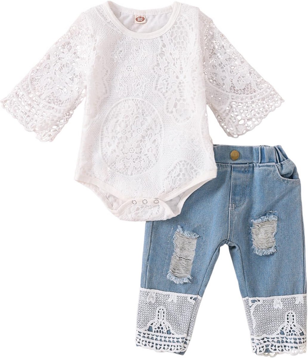 Schattige Baby Meisje Kleding Set: Romper met Lange Mouwen en Jeans