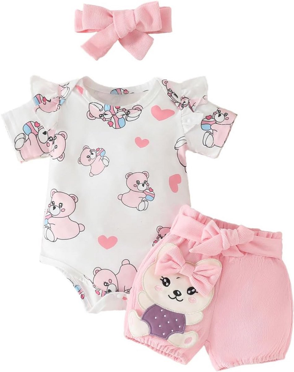 Schattige Baby Meisjes Kledingset Zomer Roze Korte Mouw en Strik