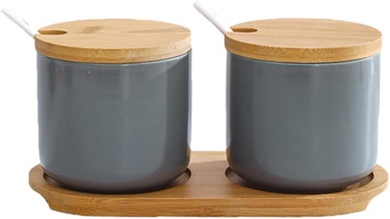 YMYL Retro Keramische Kruidenpotten – 2 Stuks, 385 Ml Met Deksel, Lepels En Houten Dienblad – Stijlvol En Praktisch Voor Keuken Of Aanrecht