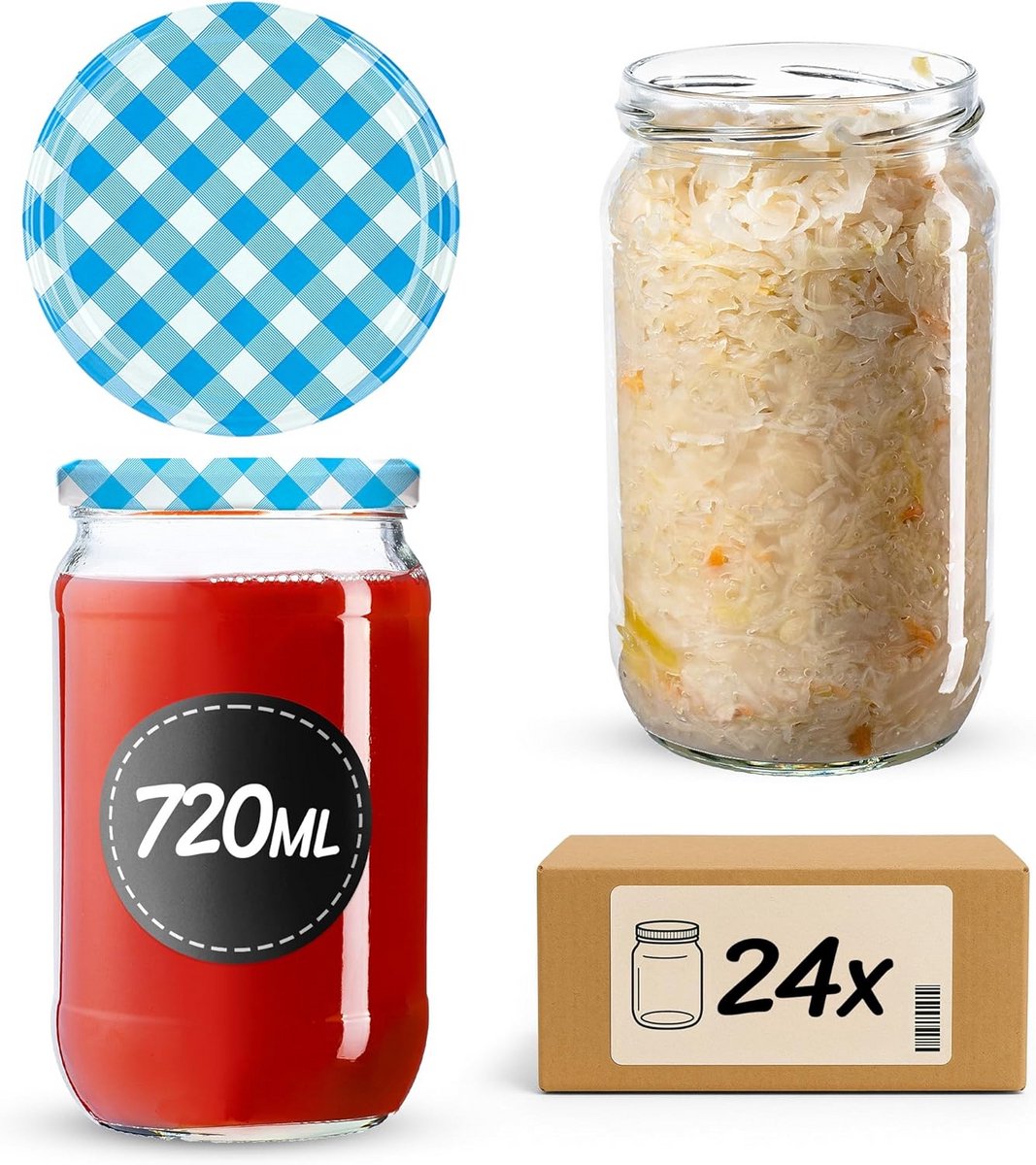 Glazen Bewaarpotten met Schroefdeksel 720 ml - Set van 24 Stuks voor Jam en Inmaken