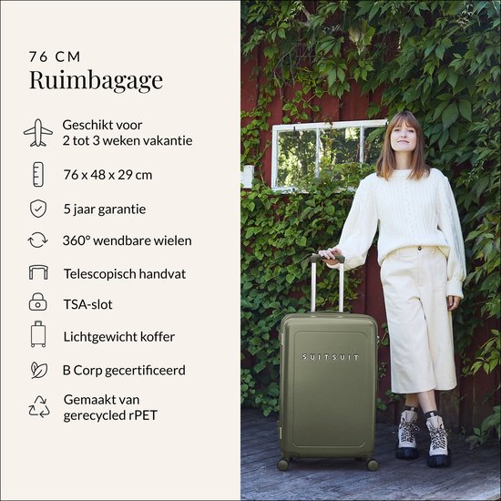 SUITSUIT Reiskoffer 76x48x29 - Reiskoffer met wielen - Veilig TSA cijferslot - Lichtgewicht koffer - Reiskoffer groot - 82L - Natura koffer Dark Olive - Groen