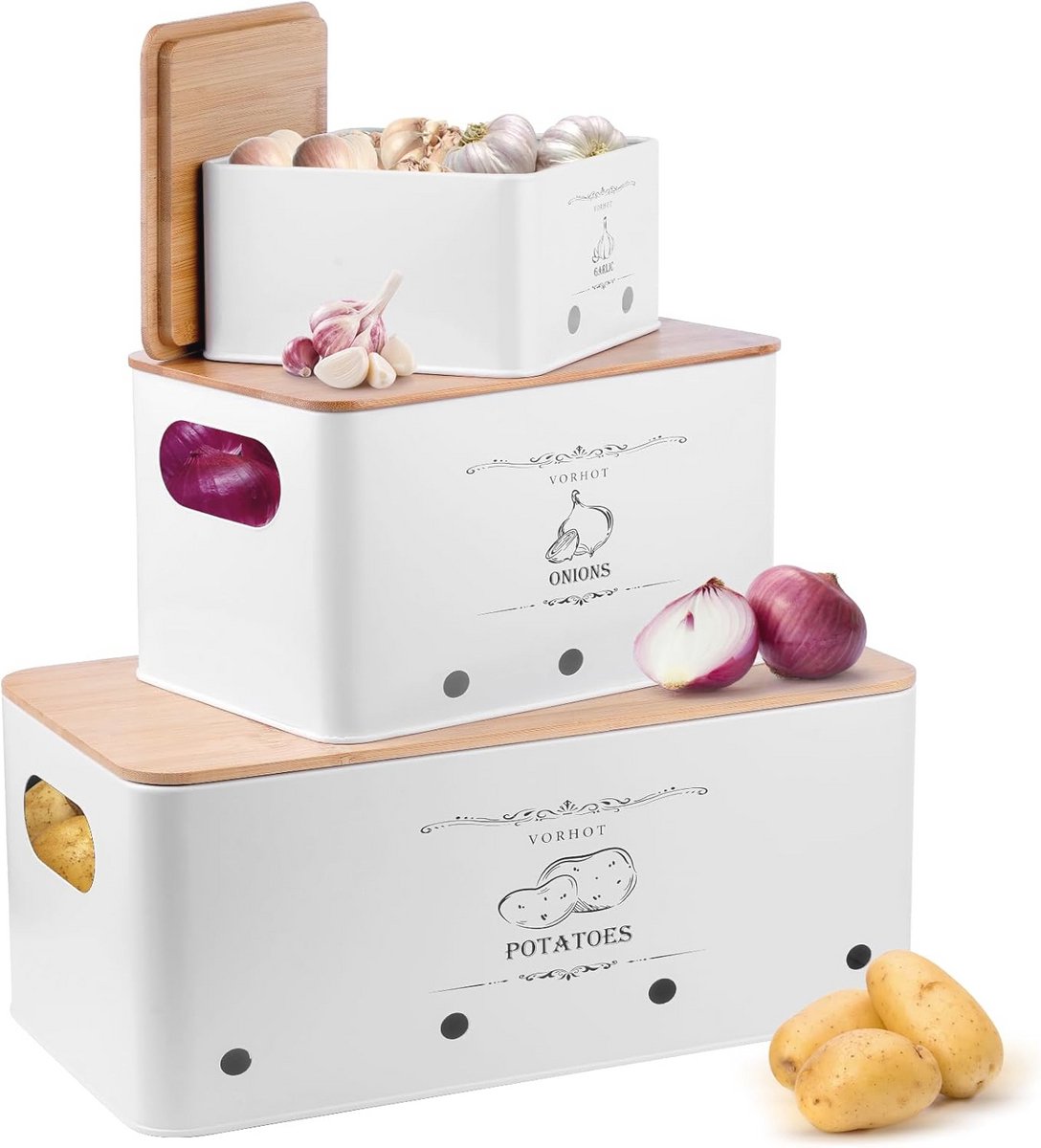 Aardappelopbergdoos set van 3 - uien, aardappelen en knoflook opbergbox met bamboe deksel