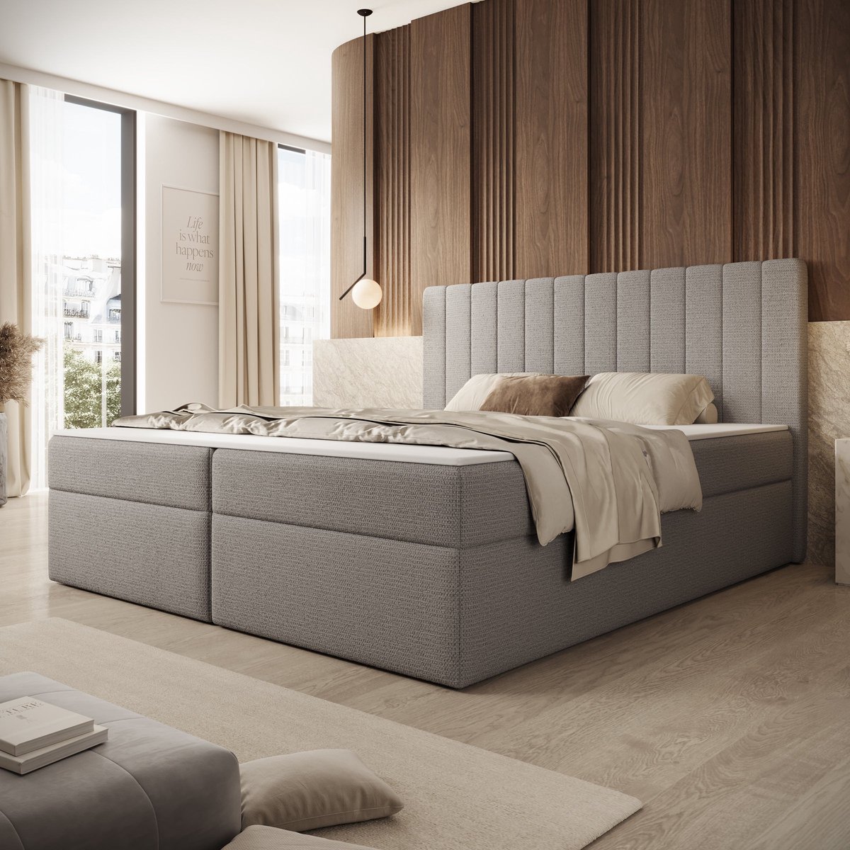 Meubella - Ensono - Boxspring met opbergruimte - Stof grijs - 180x200 cm