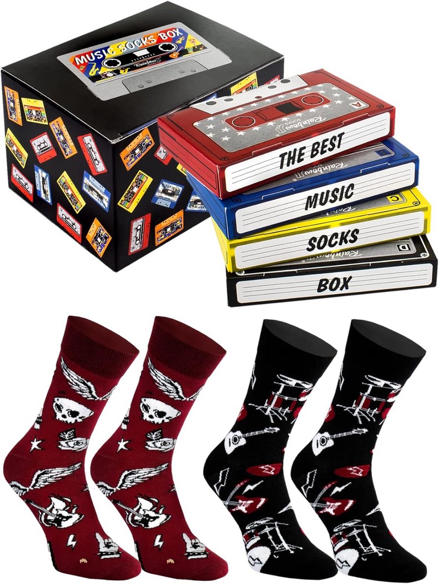 2 Paar Stevige Rock Muziek Sokken Cadeau in Cassette - Rock 'n' Roll Giftset