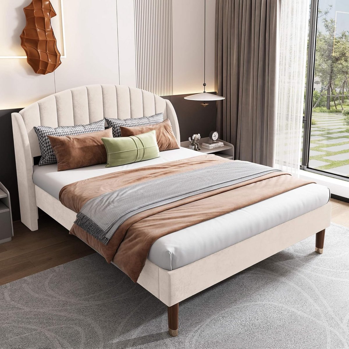 Gestoffeerd Tweepersoons Bed 140x200 cm met Lattenbodem en Opbergruimte, Slaapbank Beige