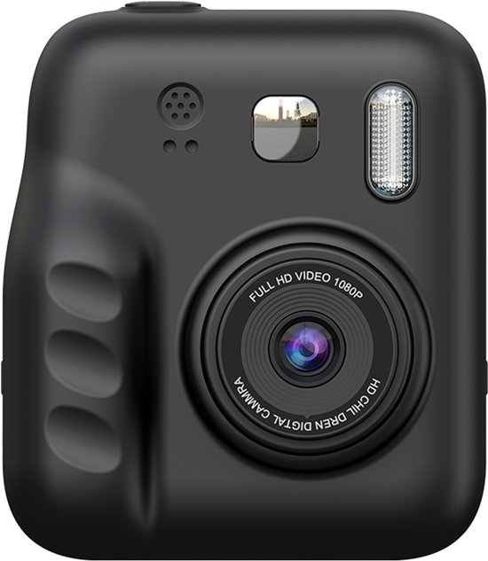 Zwarte, compacte instant camera met een lens, flitser en selfie spiegel. De tekst op de lens luidt "FULL HD VIDEO 1080P HD CHILDREN DIGITAL CAMERA".