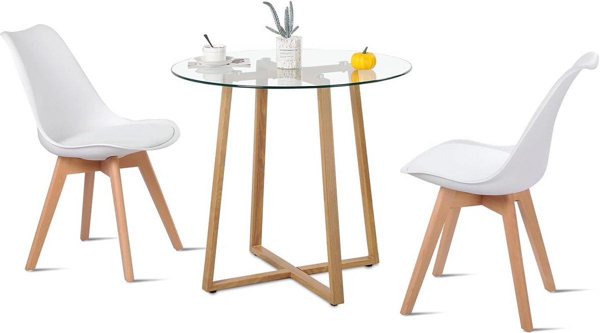 Ronde Eettafel met 2 Stoelen – Scandinavisch Design Glas Tafel voor Balkon en Woonkamer