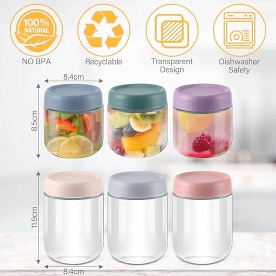 Yoghurtglazen met deksel - Glazen bewaark containers voor haver, 350 ml en 480 ml - Verpakking van 6 stuks — afbeelding 3
