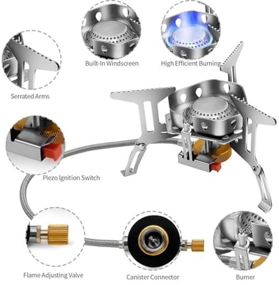 Campingkooktoestel 3500 W - Draagbaar Gasfornuis met Winddichte Afdekking en Adapter — afbeelding 3