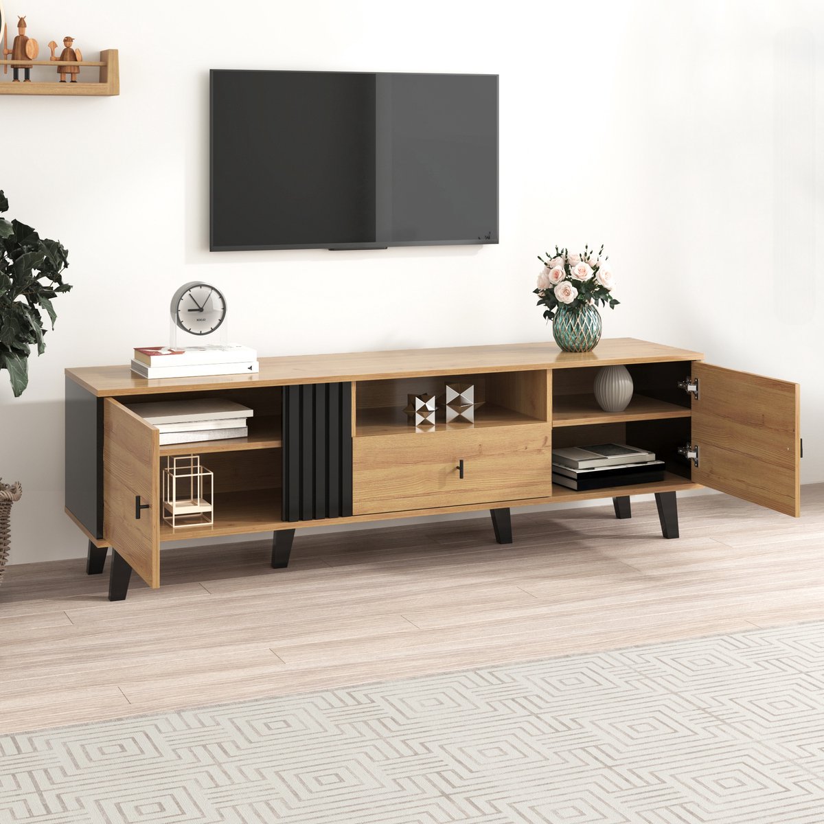 STILVORA TV-Kast - TV-Meubel 170 cm Met Houtlatten En Zwart Accent - 2 Deuren En Lade Voor Woonkamer - Spaanplaat;Glas - 170x40x50,5 cm - Zwart+Bruin