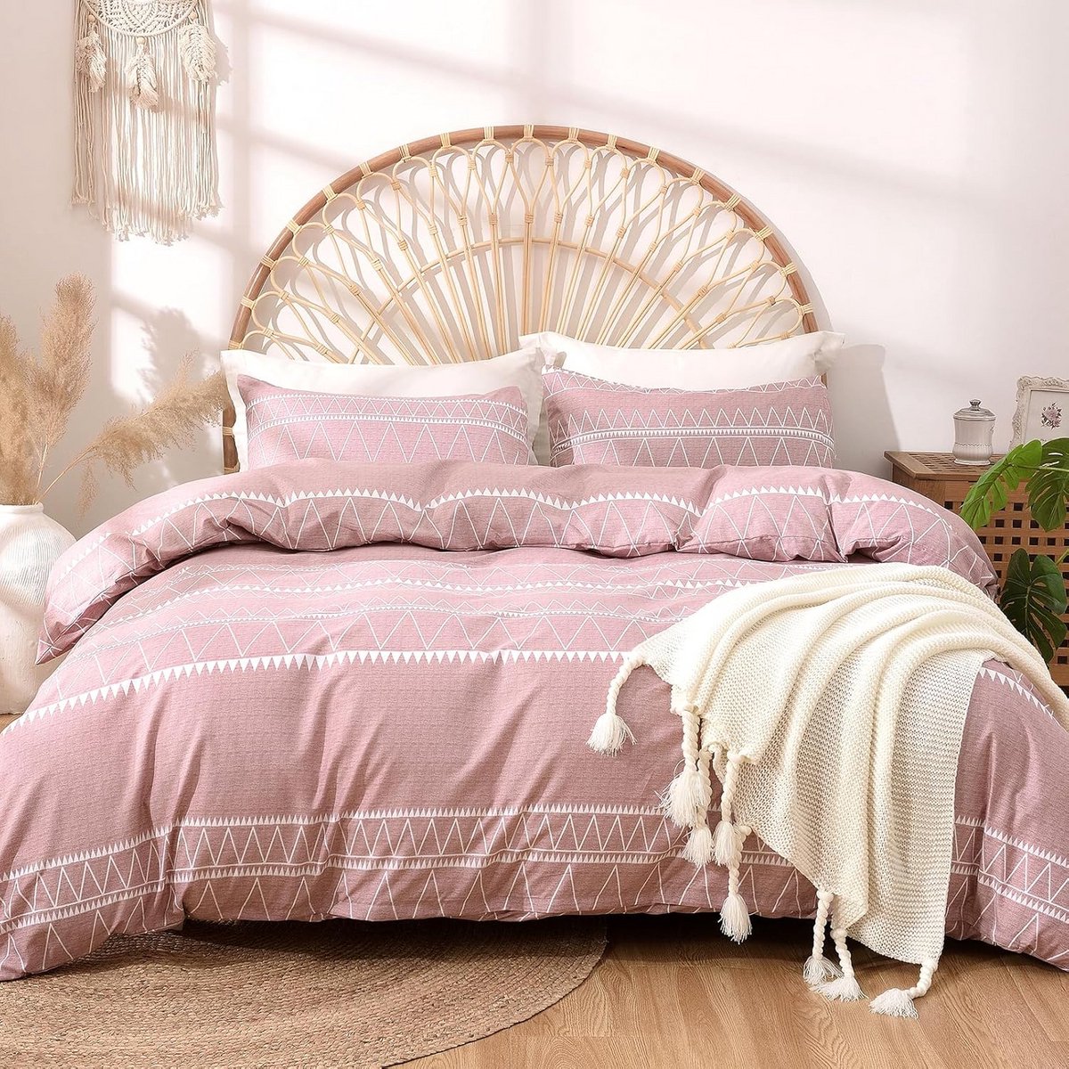 Beddengoedset voor tweepersoonsbed 240 x 220 cm - 3-delige microvezel set met bohemienpatroon in roze