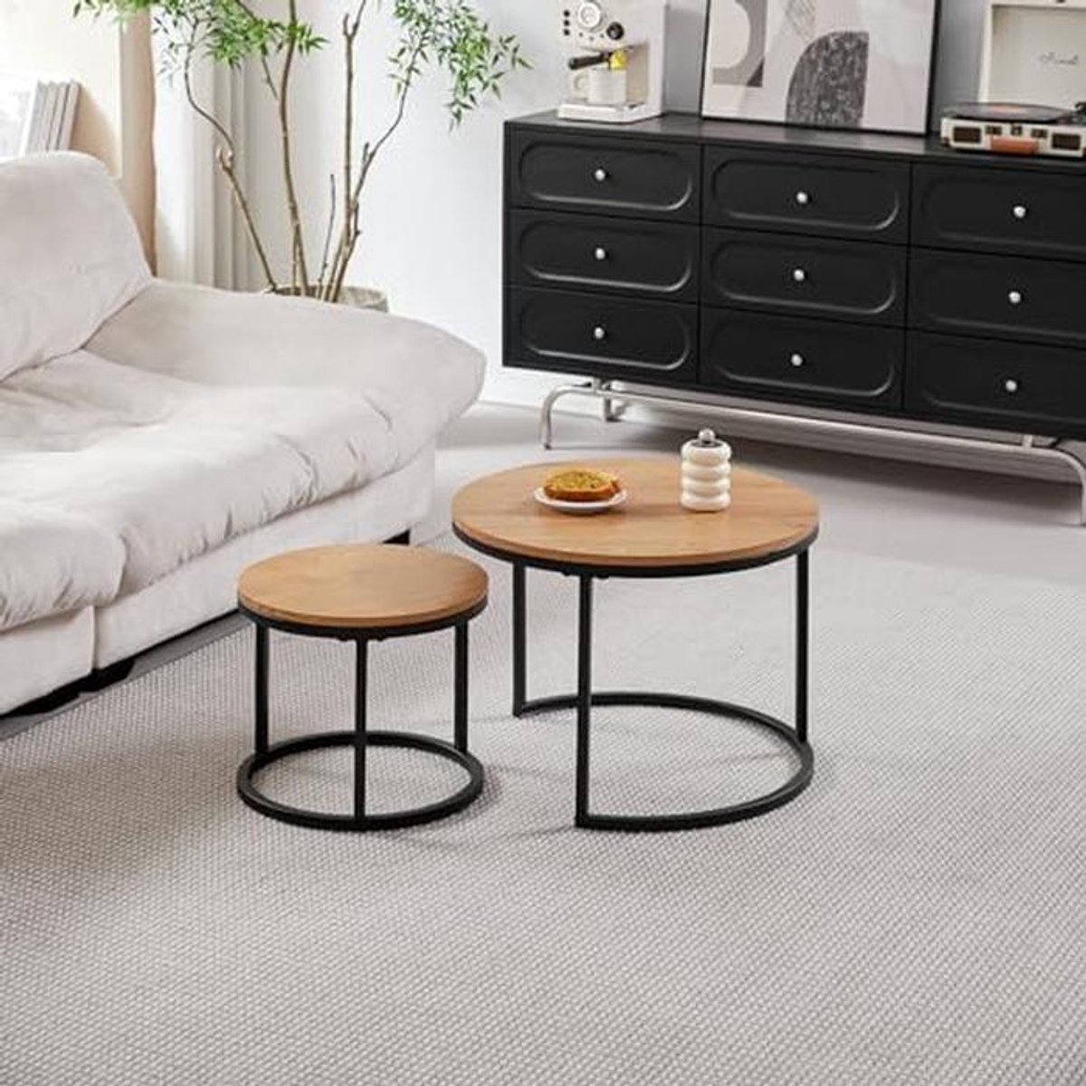 DEYARNA HOME Salontafel, uittrekbaar, set van 2, ronde salontafel met houtnerf blad en metalen frame, groot: 60 x 60 x 45 cm; klein: 40 x 40 x 35 cm (lichtbruin + zwart)
