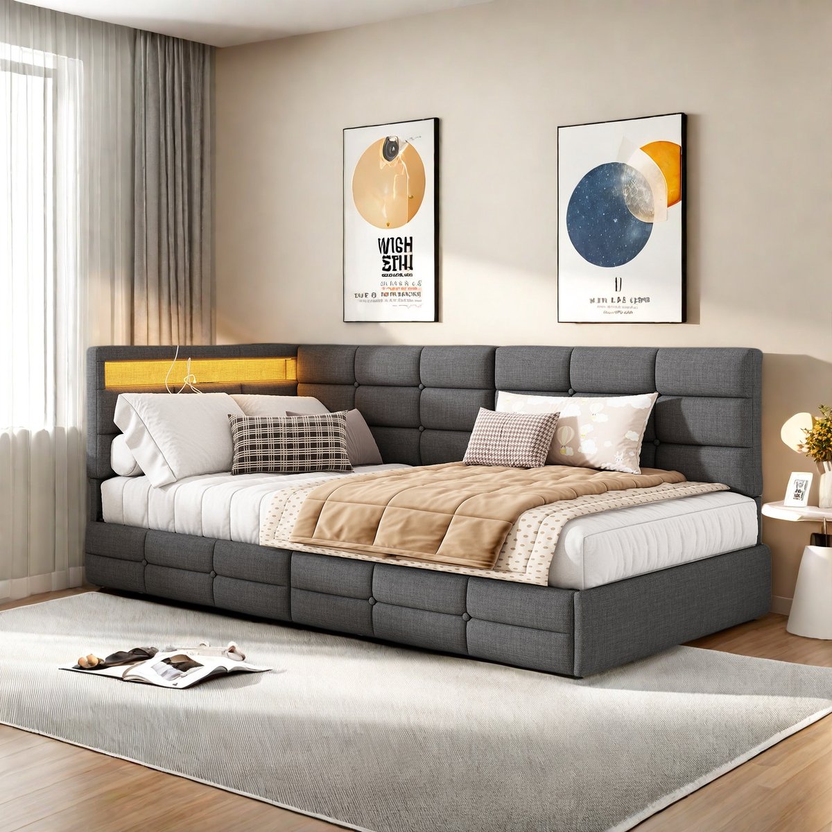 ROSAHQNDA Slaapbank 90x200 cm met USB-aansluiting, Dagbed, Gestoffeerd bed, Kinderbed met 2 lades, Jeugdbedframe, Hoofdbord met LED-verlichting, Grijs linnen Grijs B