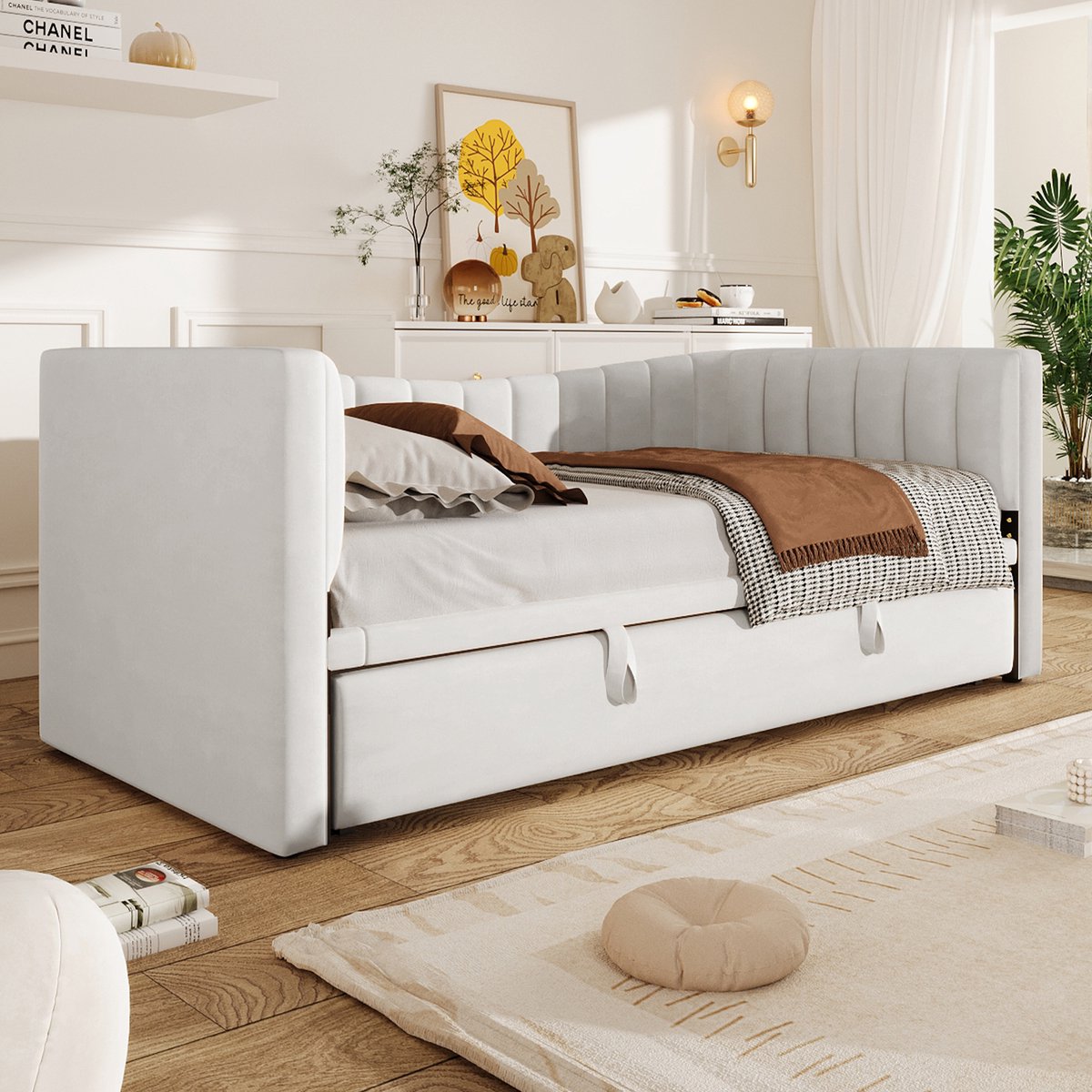 Wishdor Daybed 90/180x200 cm – Met Uitschuifbed – Minimalistisch Design – Flexibel & Stijlvol – Fluweel – Wit