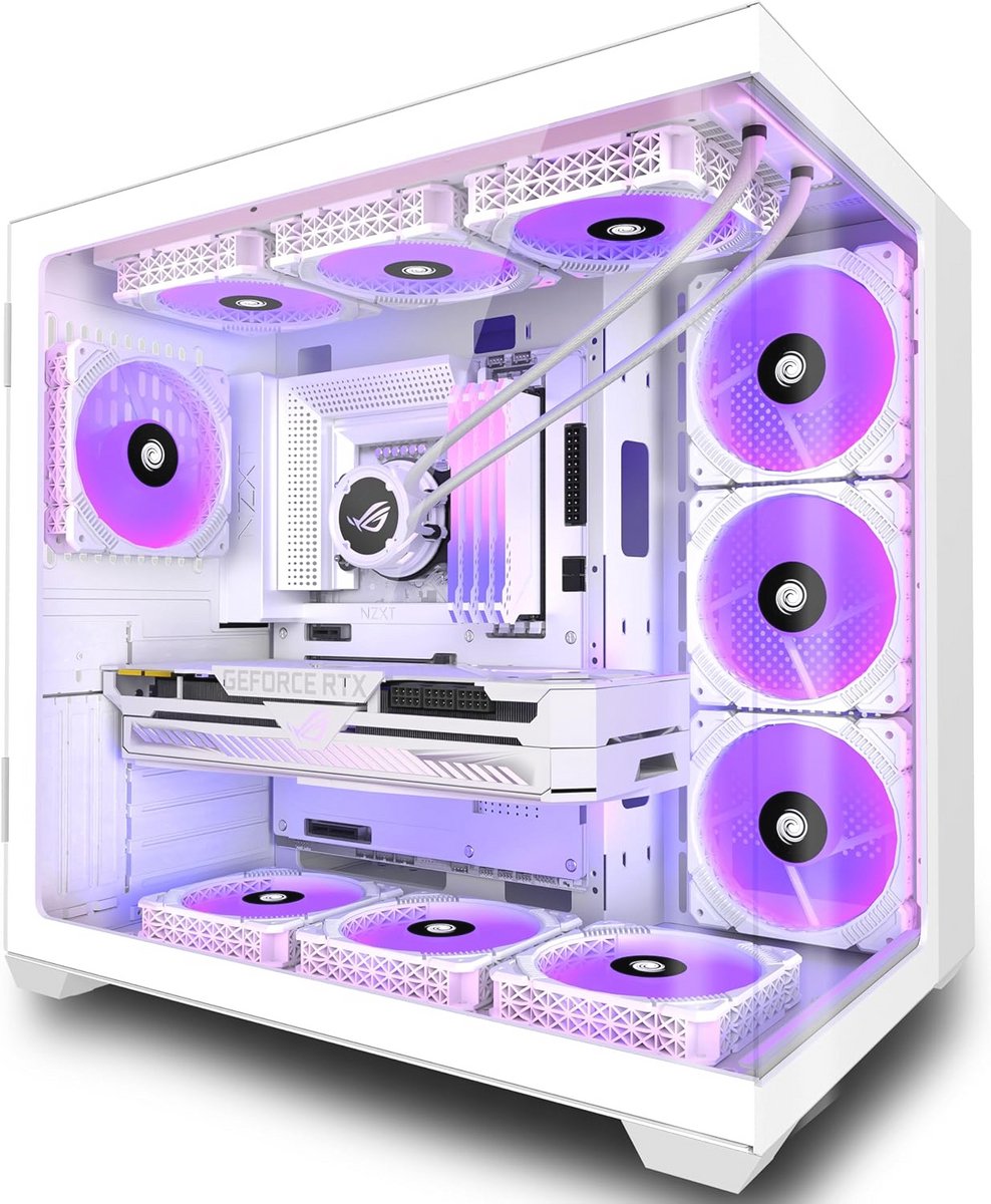 ATX Gaming PC Case met 9 PWM ARGB Fans, Mid-Tower, 270° Panoramisch Glas, Type-C, 360 mm Radiatorondersteuning, Wit