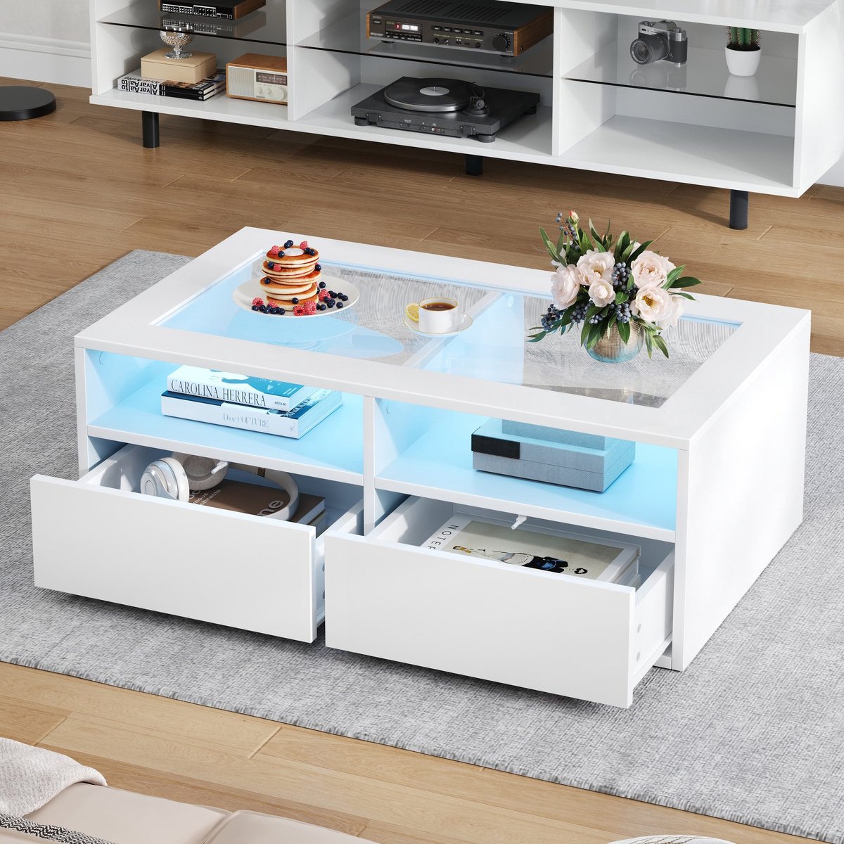 OKWISH Salontafel - Modern - 2 Lades - Met LED-verlichting - Tweelaags Ontwerp Met Open Vakken - Gehard Glas; Spaanplaat Wit - 100x50x35 cm - App-Bediening