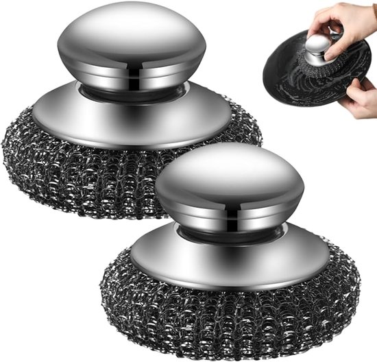 Twee zilverkleurige afwasborstels met roestvrijstalen handgrepen en metalen borstelkoppen.