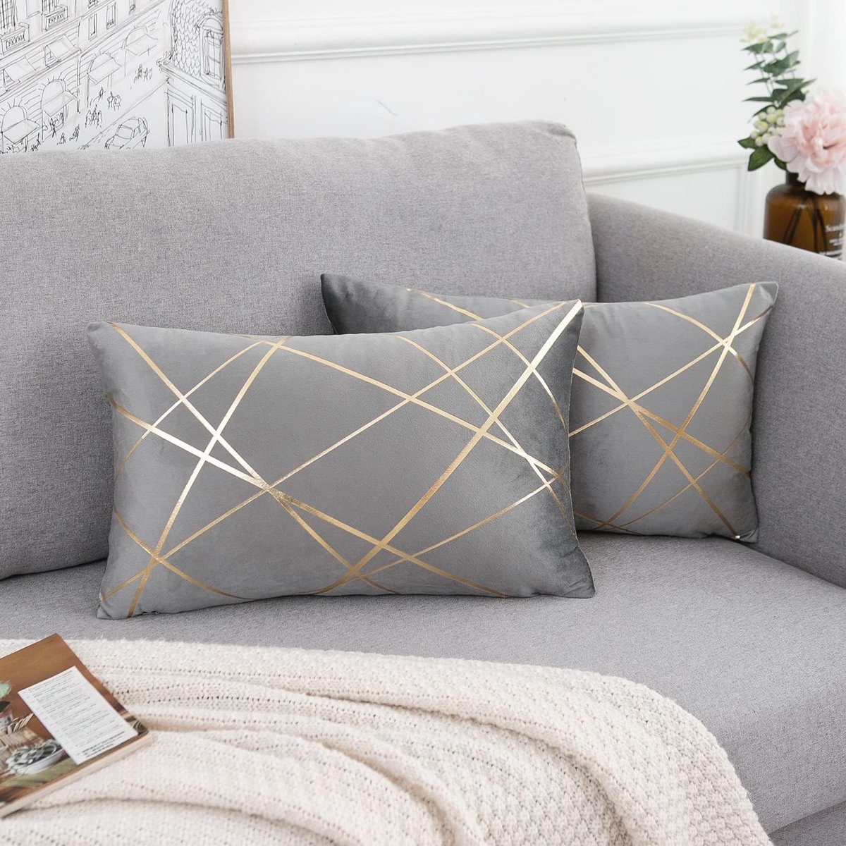 Set van 2 Fluwelen Kussenslopen 30 x 50 cm - Geometrisch Design - Decoratieve Kussenhoezen voor Woonkamer en Slaapkamer