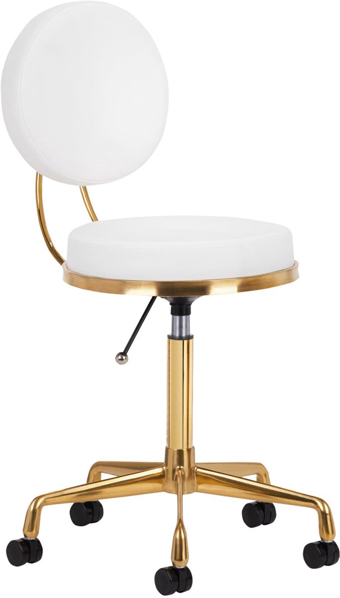 Active Shop Salonkruk Verstelbaar met Rugleuning en Wielen – Goud Wit – Beauty & Kapperskruk