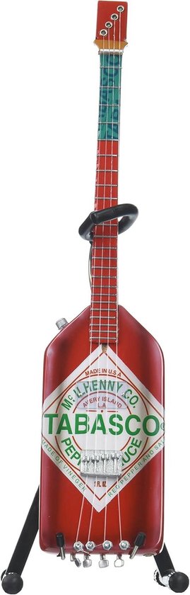 Mini basgitaar met Tabasco saus design. Rode body met Tabasco logo. Hals is rood en groen.