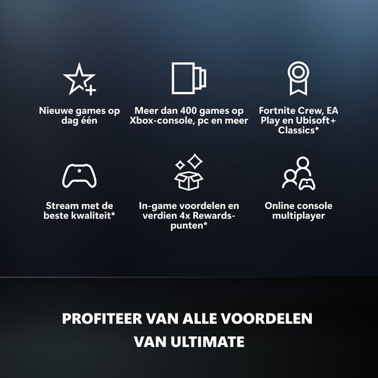 Overzicht van Xbox Game Pass Ultimate voordelen: nieuwe games, 400+ games, Fortnite Crew, EA Play, streamen, in-game voordelen en online multiplayer.